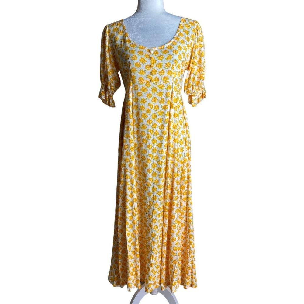 Faithfull‎ The Brand Sz 4/Small Linnie Midi Dress Yellow Floral Modest Trad Wife